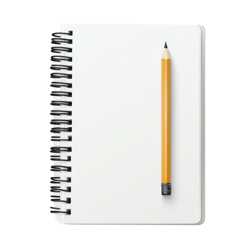 Spiral-bound notebook with a neatly sharpened yellow pencil placed on top ready for writing down thoughts ideas and sketches png