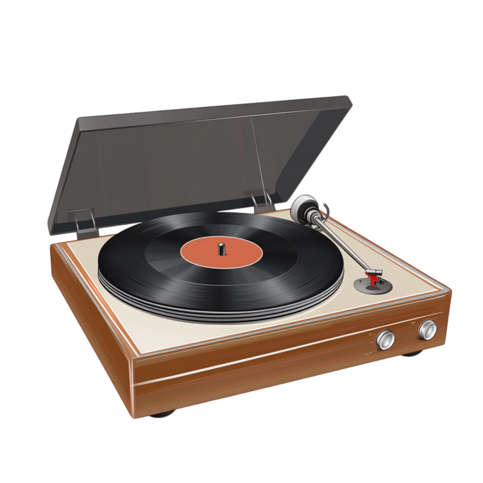 Wooden record player with an open lid spinning a black vinyl disc and playing nostalgic music with a rich warm sound png
