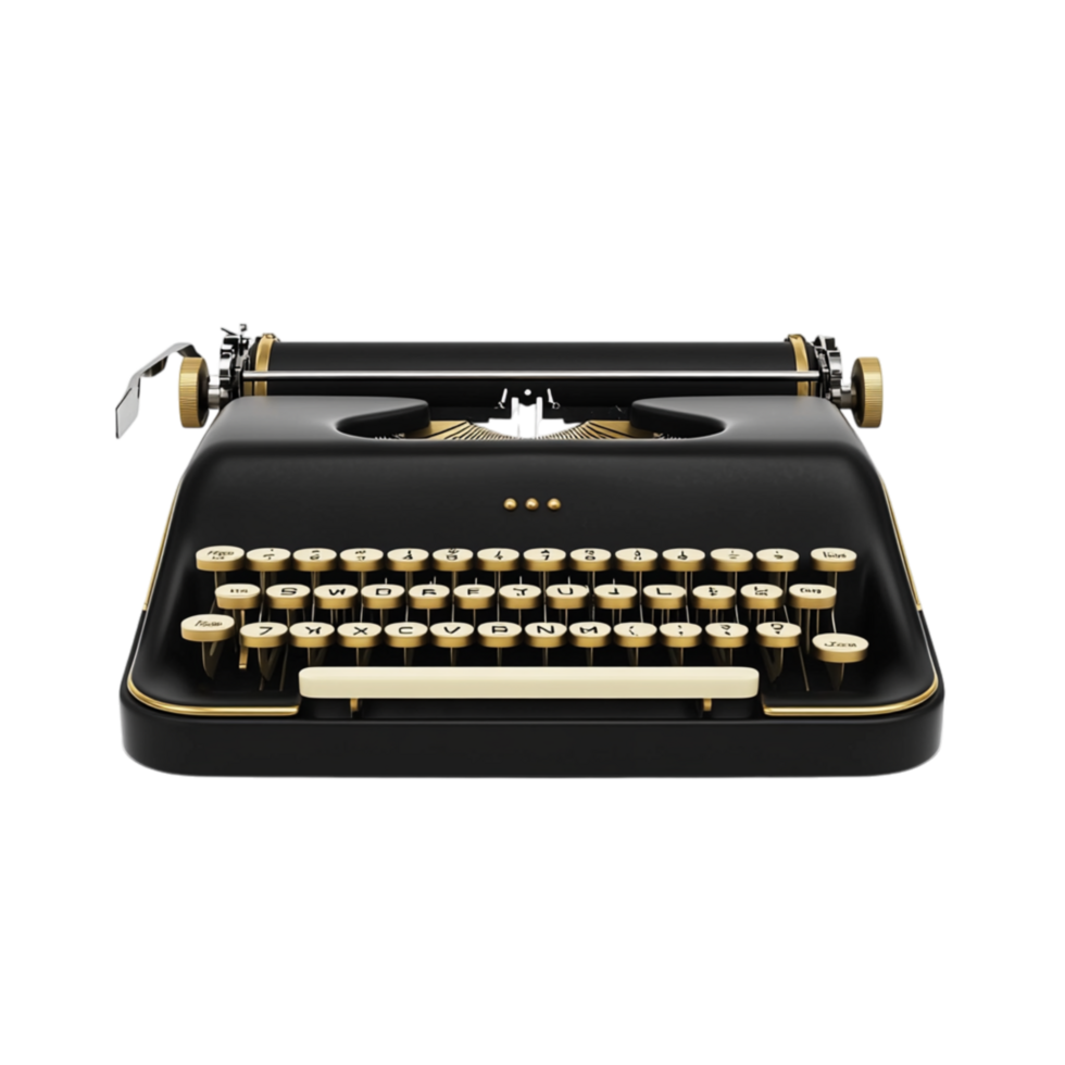 Classic black typewriter with gold-accented keys designed for crafting letters stories and documents in an old-fashioned way png