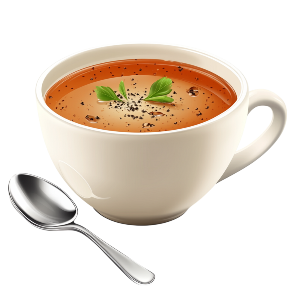 Steaming bowl of tomato soup garnished with fresh herbs and served with a spoon creating a comforting and flavorful meal png