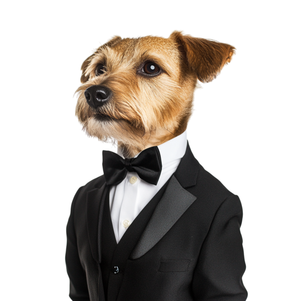 Dog wearing a black tuxedo with a white shirt and a bow tie looking classy and elegant as if ready for a fancy event png