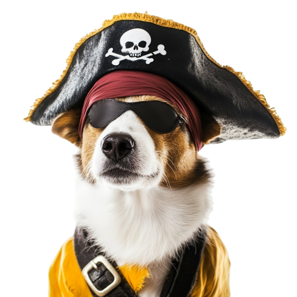 Dog dressed as a pirate wearing a black hat with a skull emblem and a red bandana giving it a playful and adventurous look png