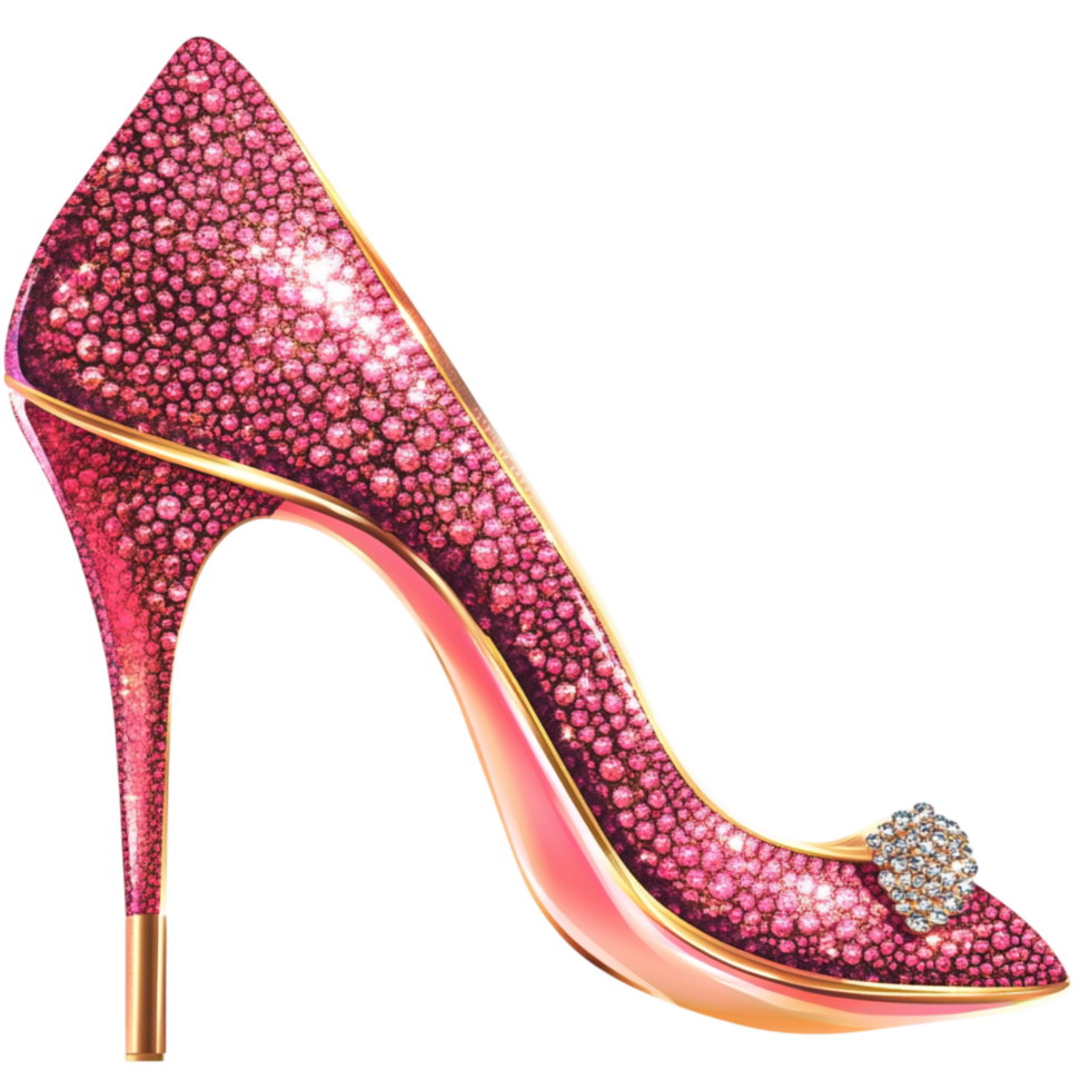 Sparkling pink highheeled shoe covered in glitter with a pointed toe and a decorative jewel on the front png