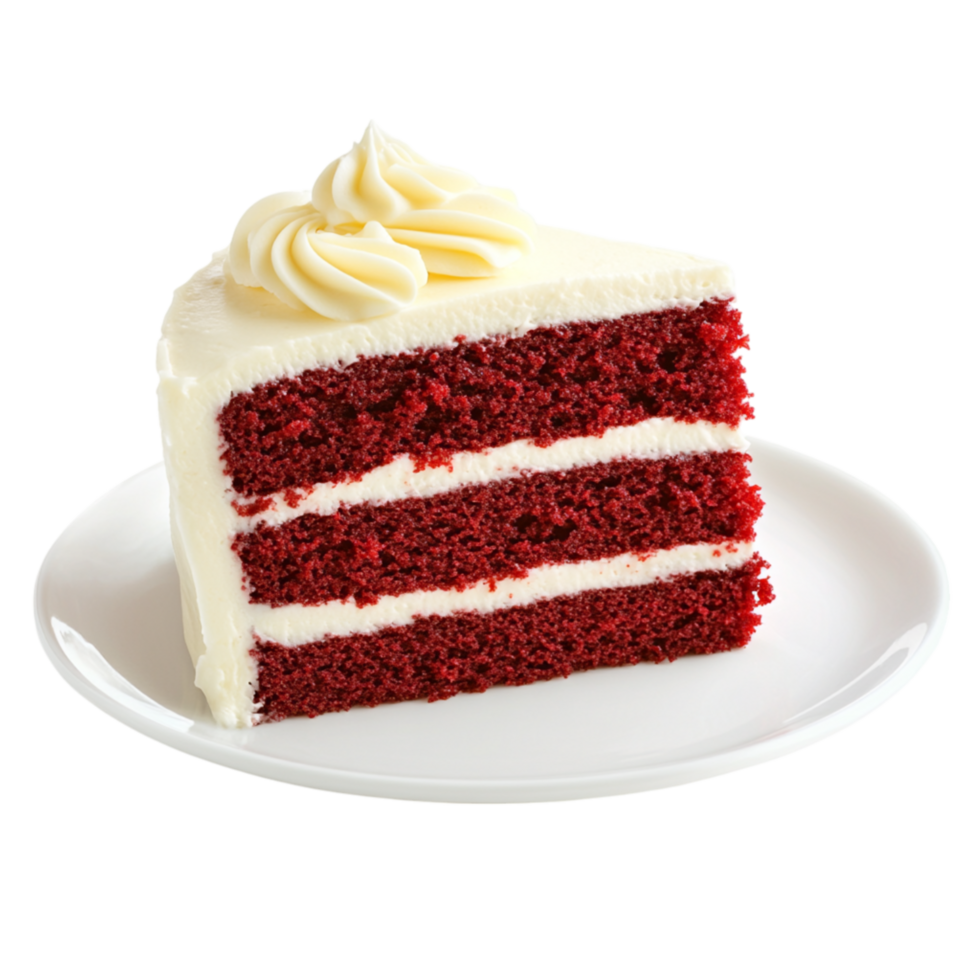 Slice of red velvet cake with creamy white frosting and soft moist layers served on a white plate for a sweet delight png