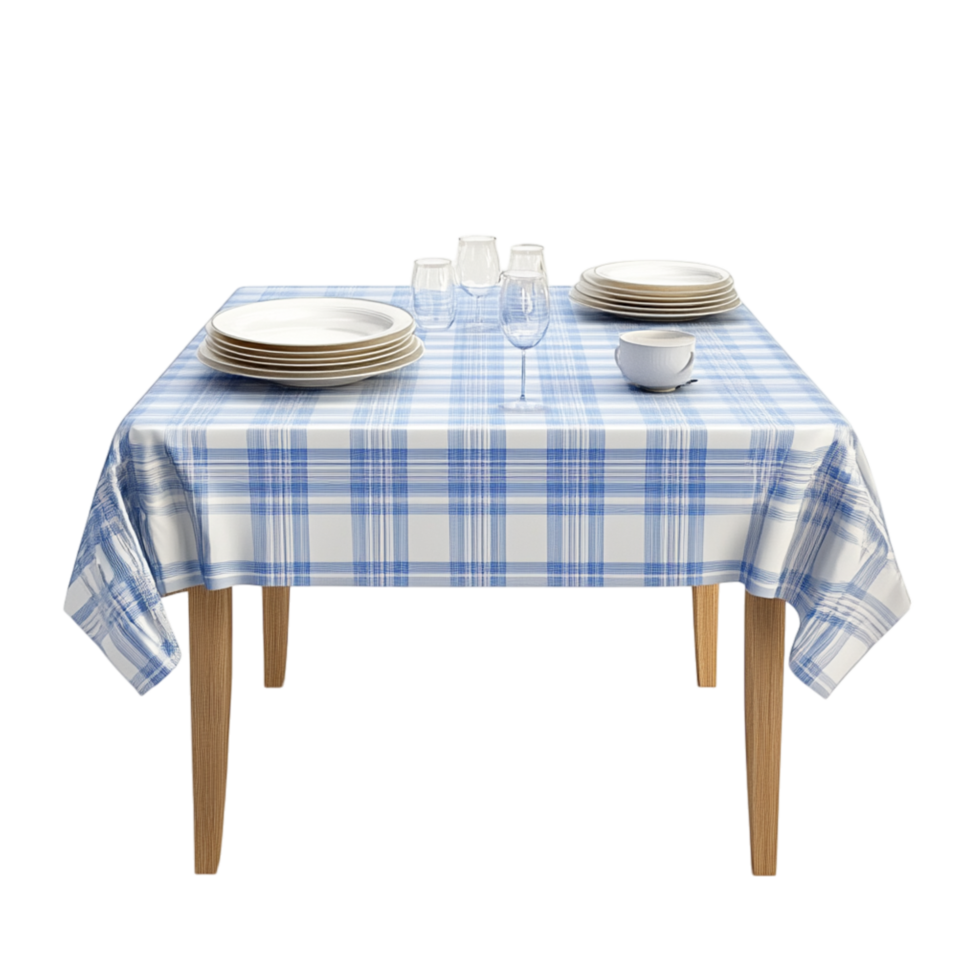 Dining table covered with a blue and white checkered tablecloth neatly set with plates and glasses arranged perfectly png