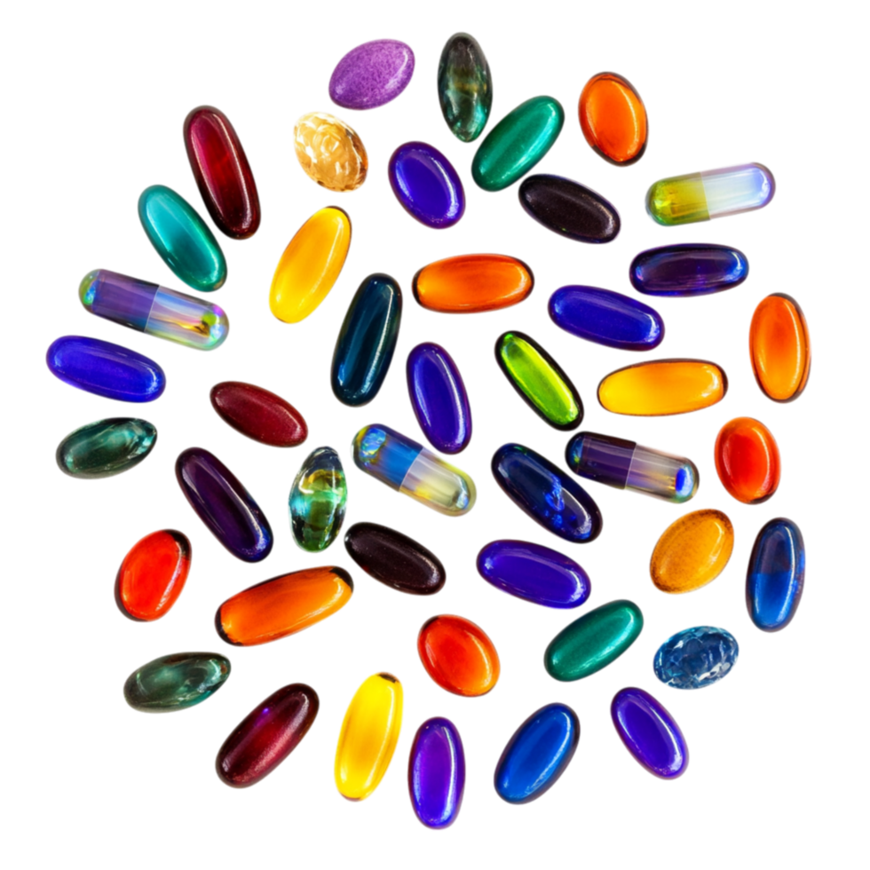 Colorful ovalshaped capsules arranged in a circular pattern with their shiny surface reflecting light beautifully png