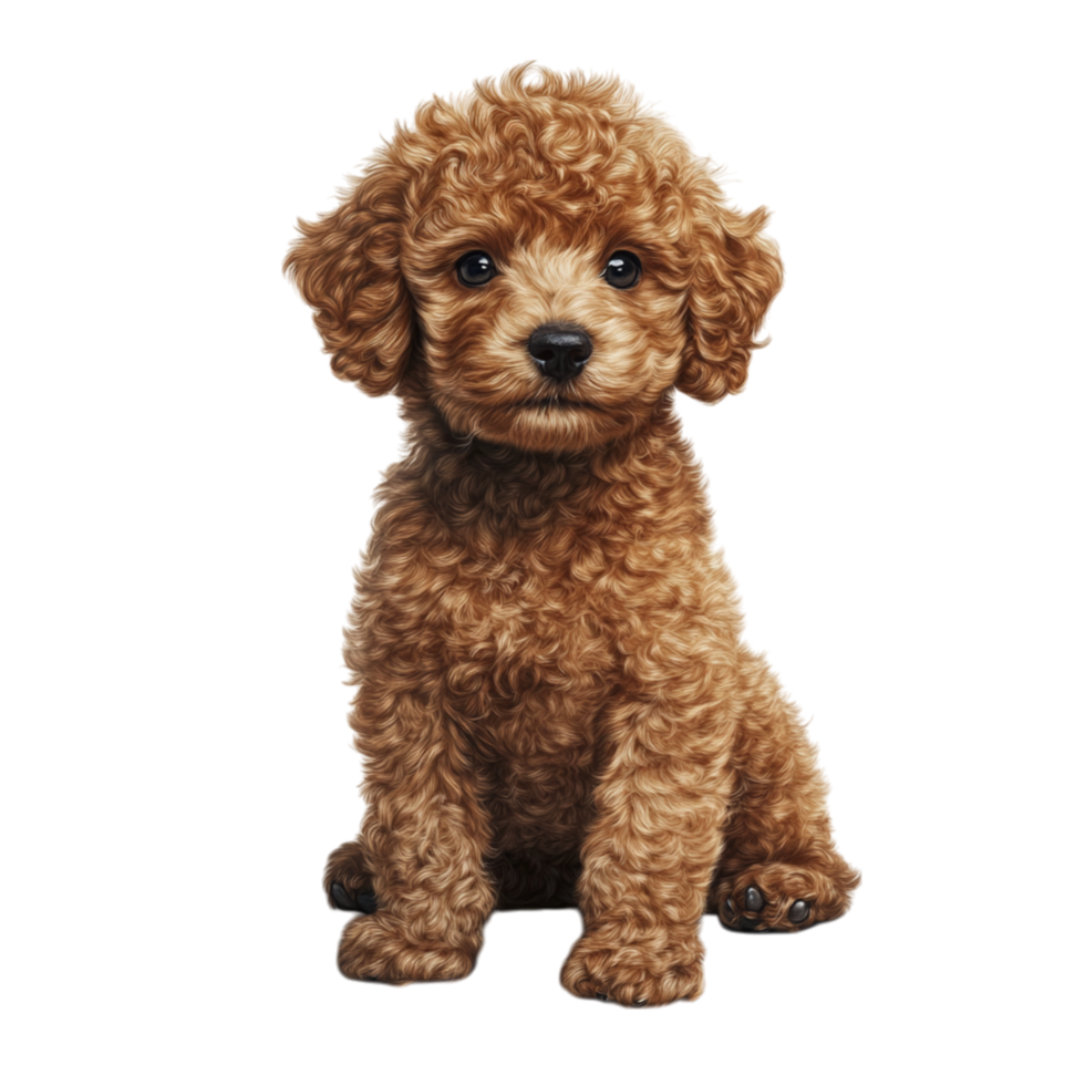 Fluffy brown poodle puppy sitting on the ground with curly fur and an innocent expression looking straight ahead png