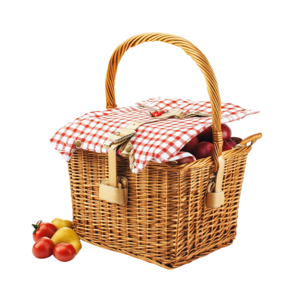 Classic wicker picnic basket with a red checkered cloth filled with fresh fruit for a delightful outdoor meal png
