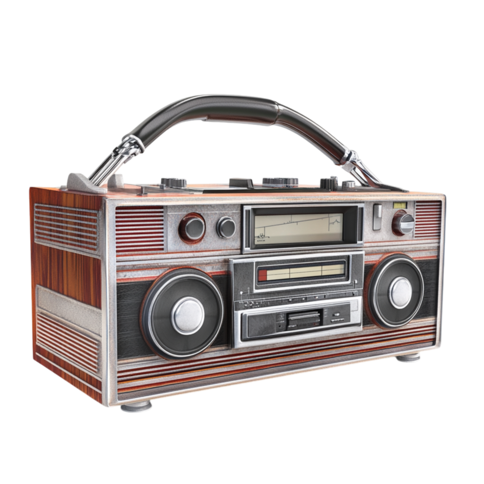 Vintage wooden boombox with dual speakers and a cassette deck designed for playing music with a retro aesthetic png
