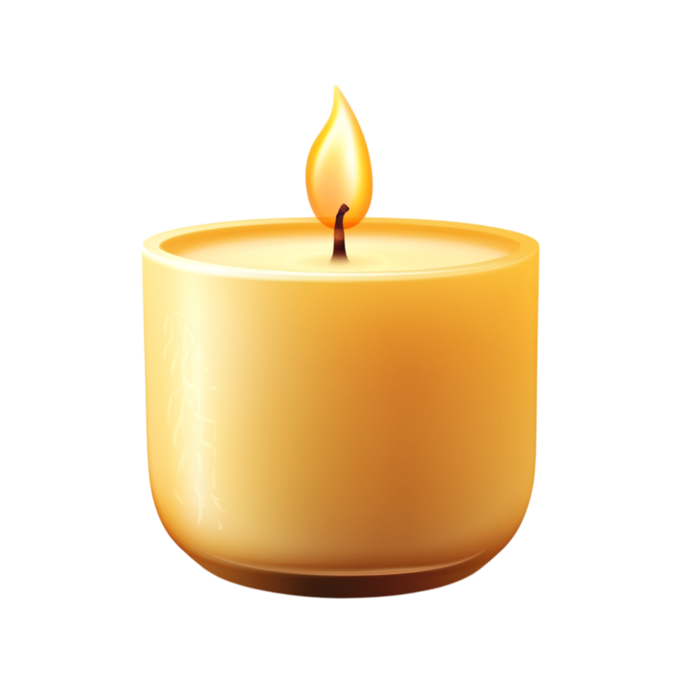 Warm glowing candle in a simple golden container with a flickering flame creating a cozy and soothing ambiance for relaxation png