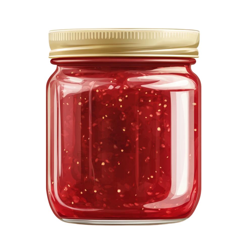 Glass jar filled with bright red strawberry jam made from fresh fruit and sealed tightly to preserve its sweet delicious flavor png
