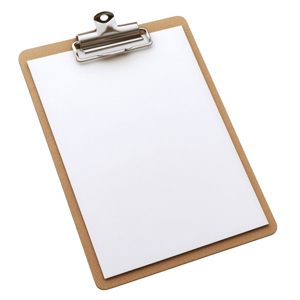 Wooden clipboard with a silver clip at the top holds a blank white sheet of paper in place png