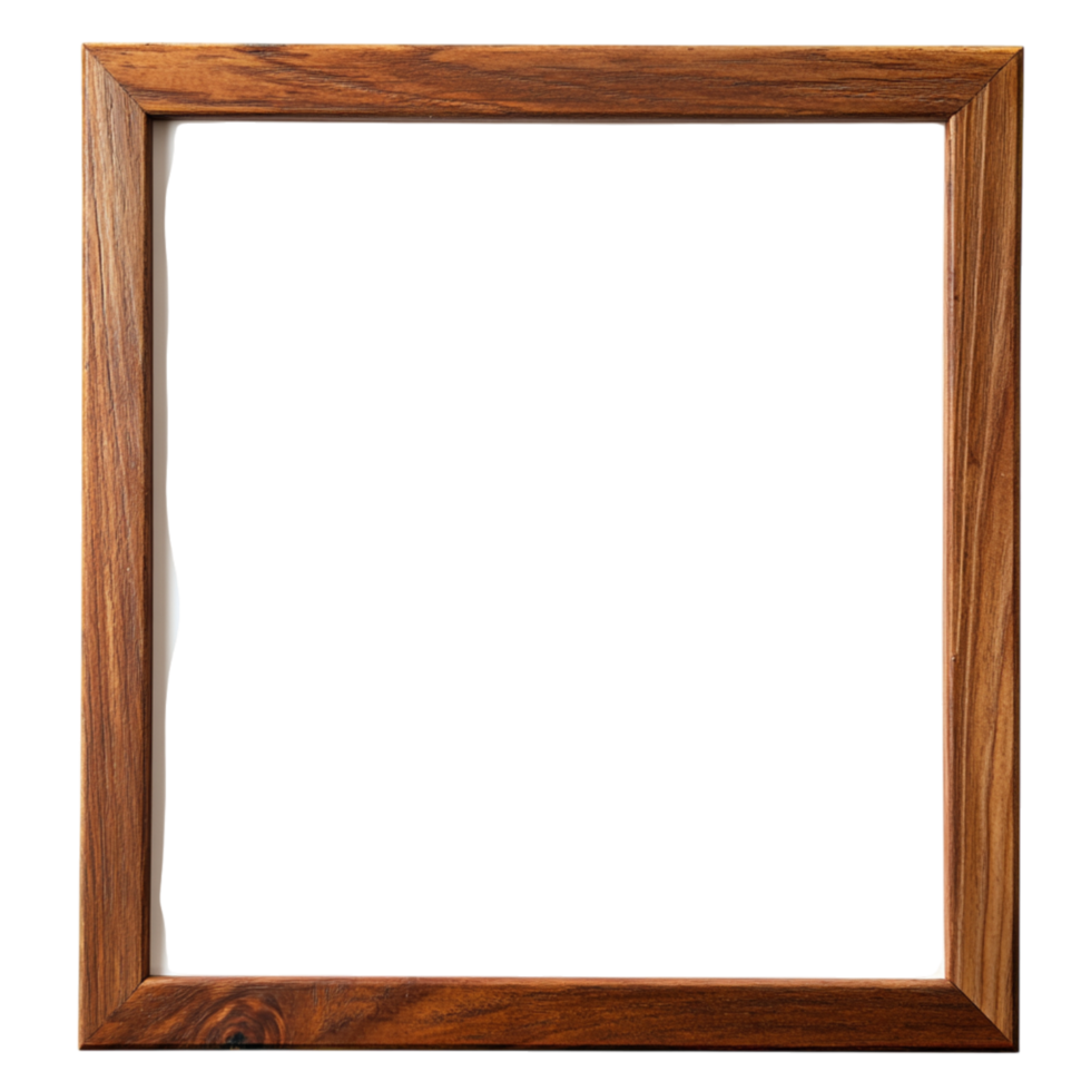 Square wooden picture frame with a smooth polished surface has a clean empty white center png
