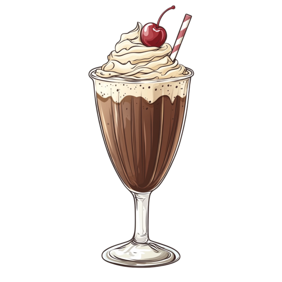 Tall glass of chocolate milkshake is topped with whipped cream a red cherry and a drizzle of syrup png