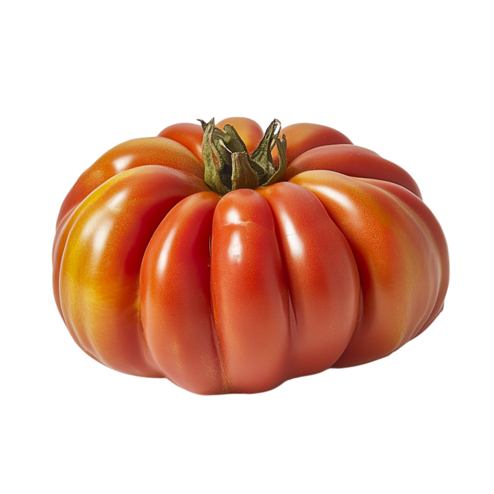Large heirloom tomato with deep ridges and a mix of red and orange hues displaying a natural and organic appearance png