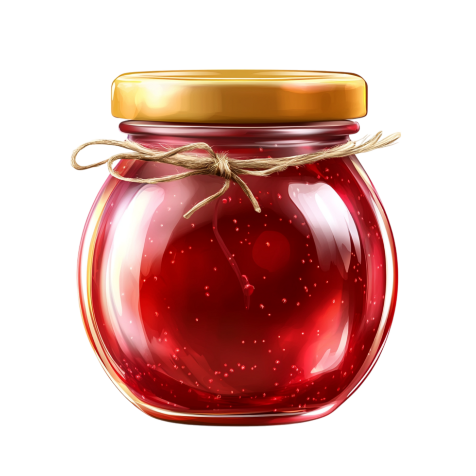 Round glass jar with a golden lid filled with homemade raspberry jam with tiny fruit seeds visible in the rich red spread png