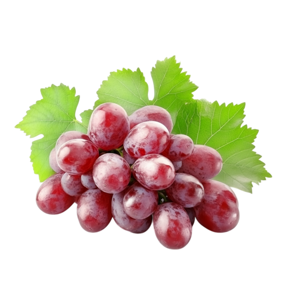 Juicy cluster of red grapes with glossy skins and green leaves is attached to a thin twisting vine png