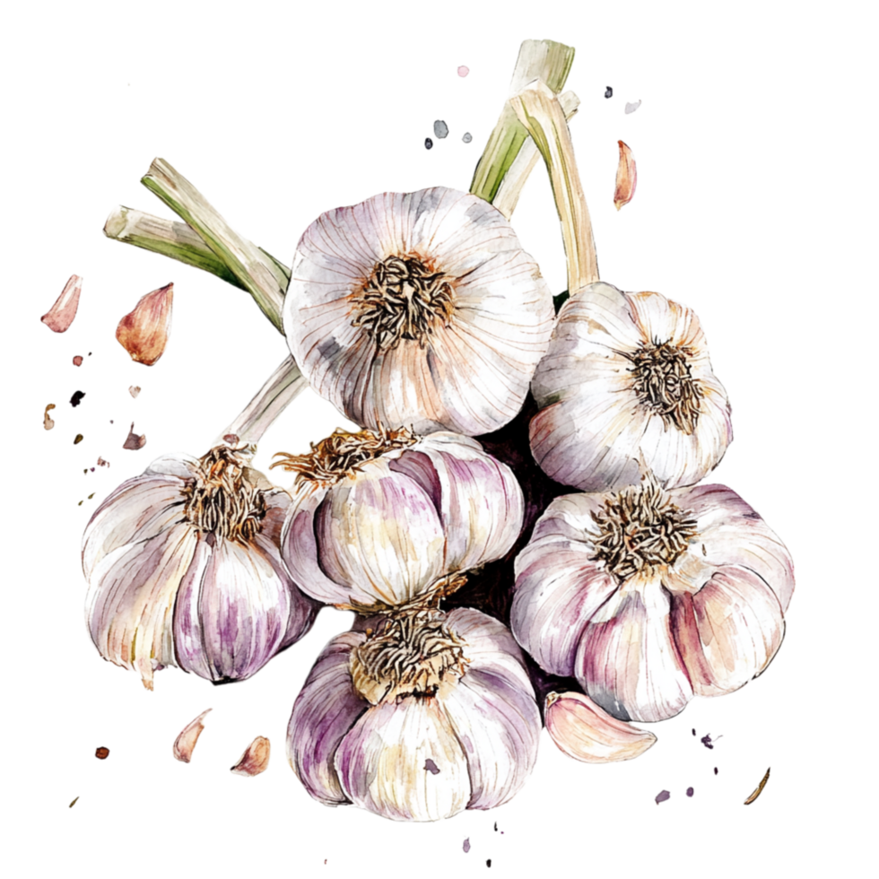 Fresh bundle of garlic bulbs with white papery skin and slightly purple streaks is loosely gathered png