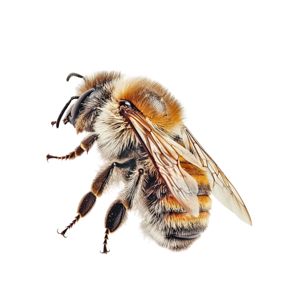 Fuzzy honeybee with translucent wings and tiny black legs is captured in midflight collecting nectar png