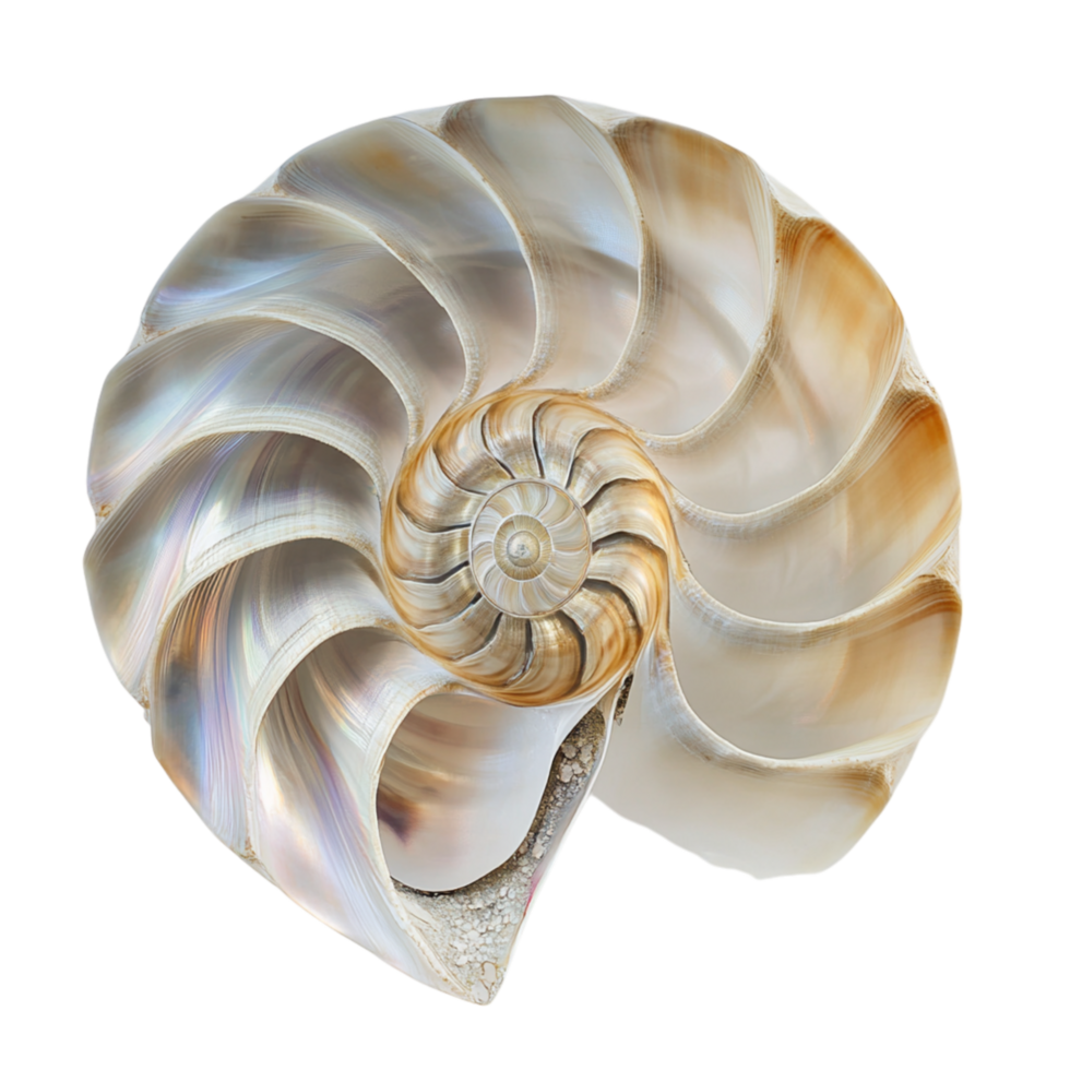 Spiral nautilus shell with a smooth pearly surface displaying a naturally perfect mathematical pattern in its structure png
