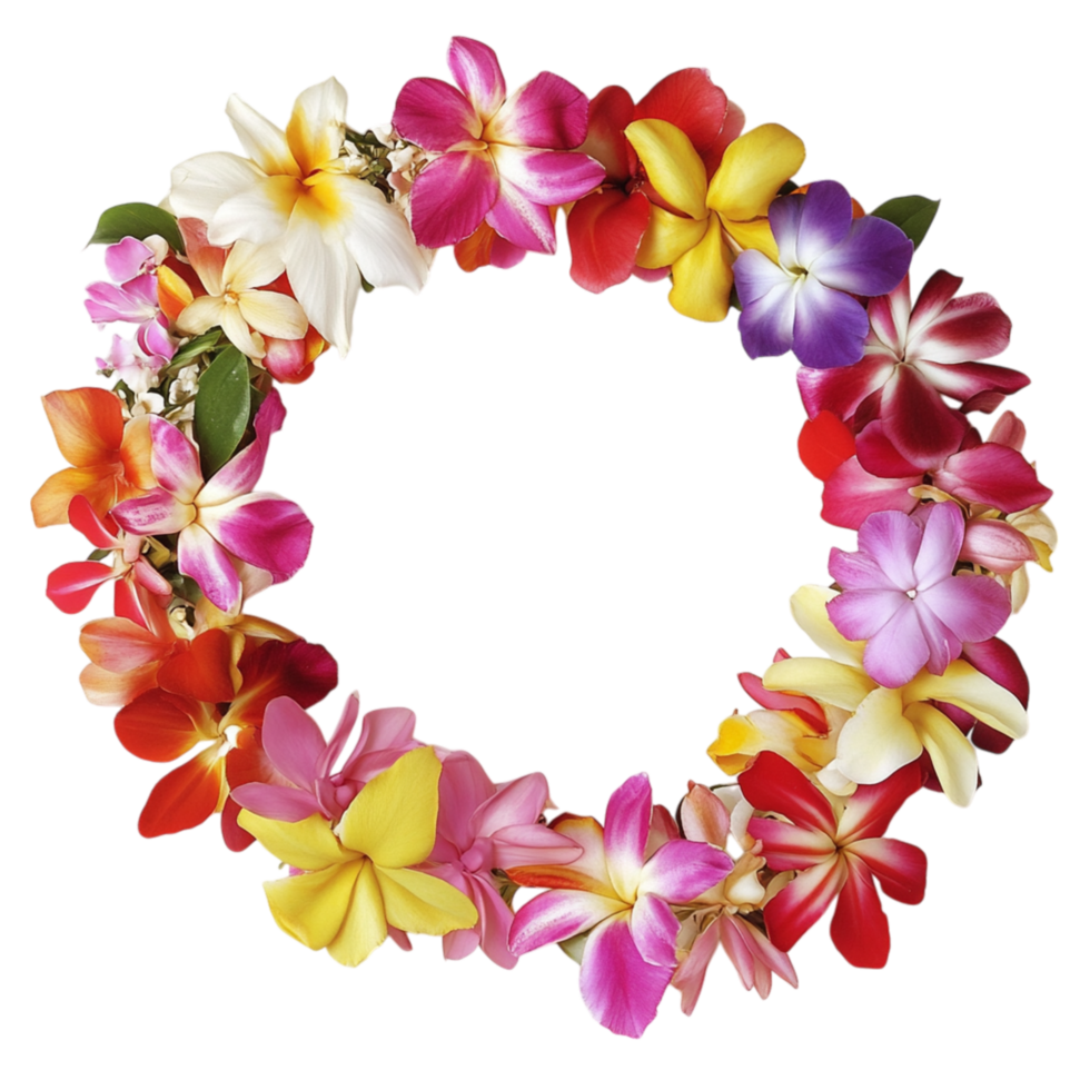 Colorful floral wreath made of fresh tropical flowers arranged in a perfect circle to create a vibrant decorative piece png