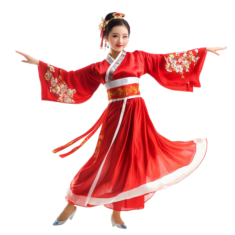 Woman in a flowing red and gold traditional dress gracefully dances with extended arms and elegant movement png