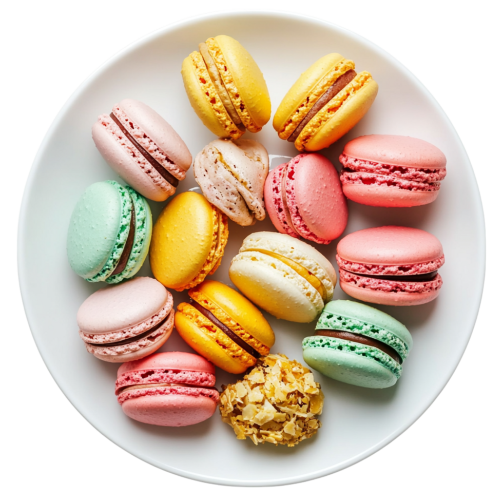 Colorful French macarons in pastel shades with delicate crisp shells and creamy fillings arranged on a white plate png