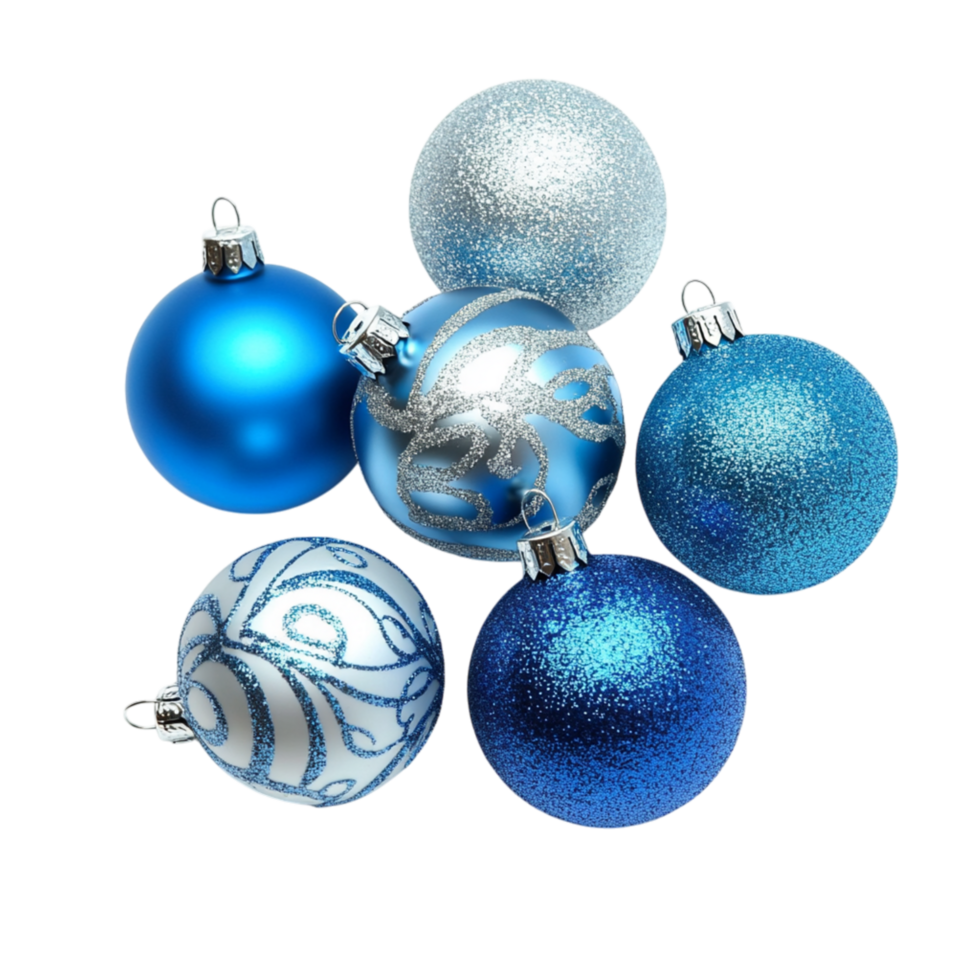 Set of blue and silver Christmas ornaments with intricate designs is arranged in a festive cluster png