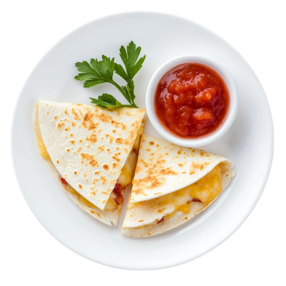 Golden brown cheese quesadilla cut into triangles and served on a white plate with fresh parsley and red salsa png