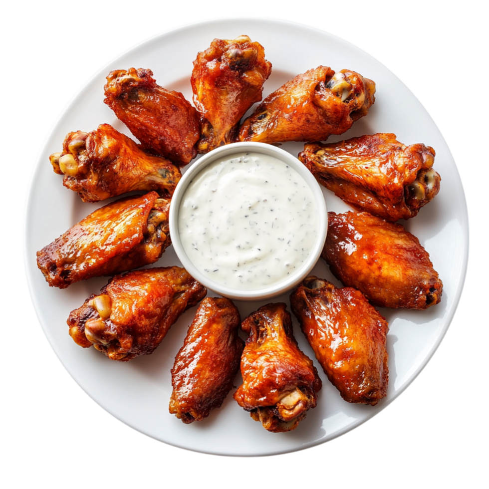 Crispy buffalo chicken wings arranged in a circular pattern on a plate with a creamy dipping sauce in the center png