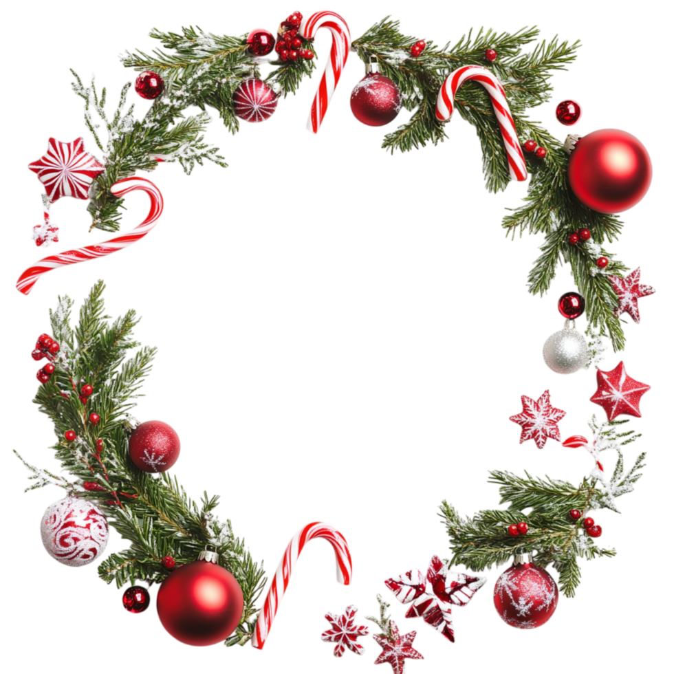 Festive wreath made of green pine branches is adorned with red baubles candy canes and small white flowers png