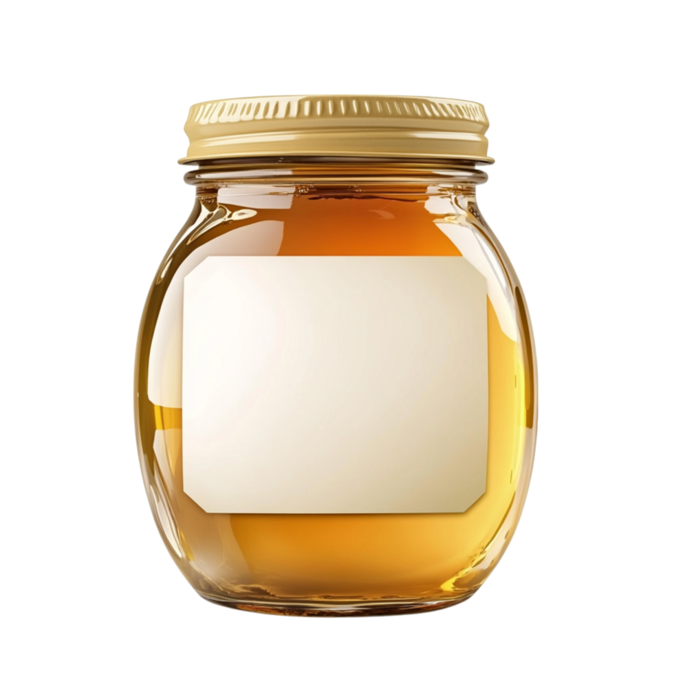 Glass jar filled with golden honey sits with a blank label waiting for a sweet touch png