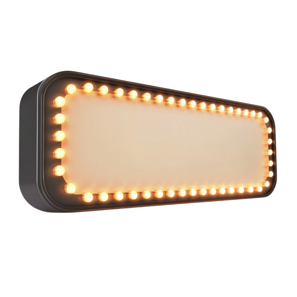 Illuminated rectangular sign with glowing lights around the border creating a bright and eye-catching display png