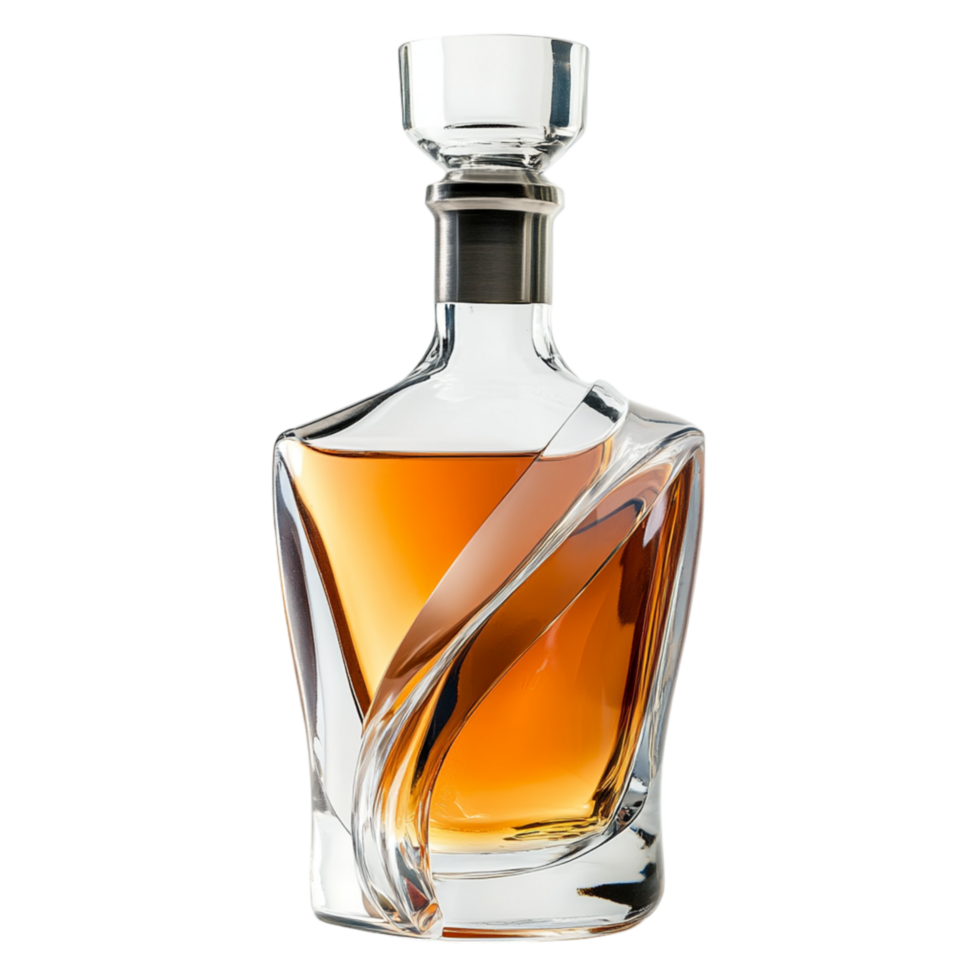 Exquisite glass decanter filled with amber whiskey featuring a twisted design making it a stylish bar accessory png