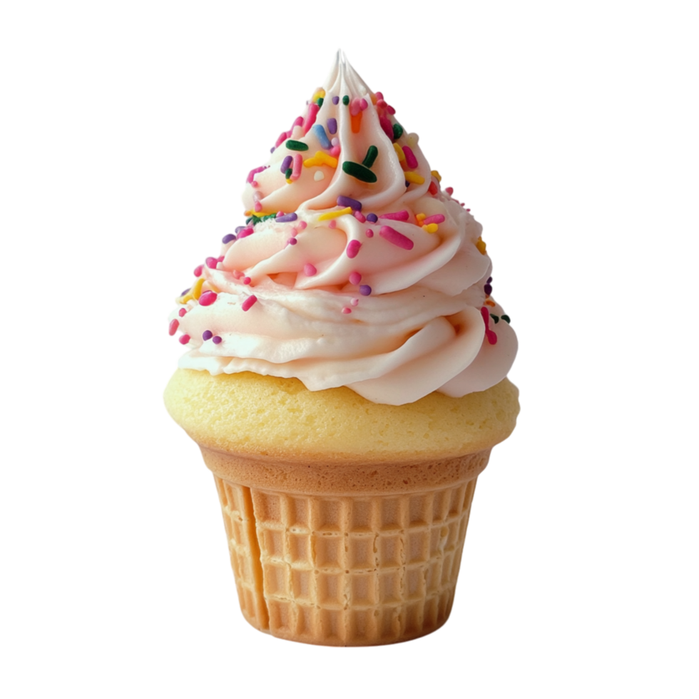 Vanilla ice cream cone topped with swirled frosting and colorful sprinkles creating a sweet and delicious treat png