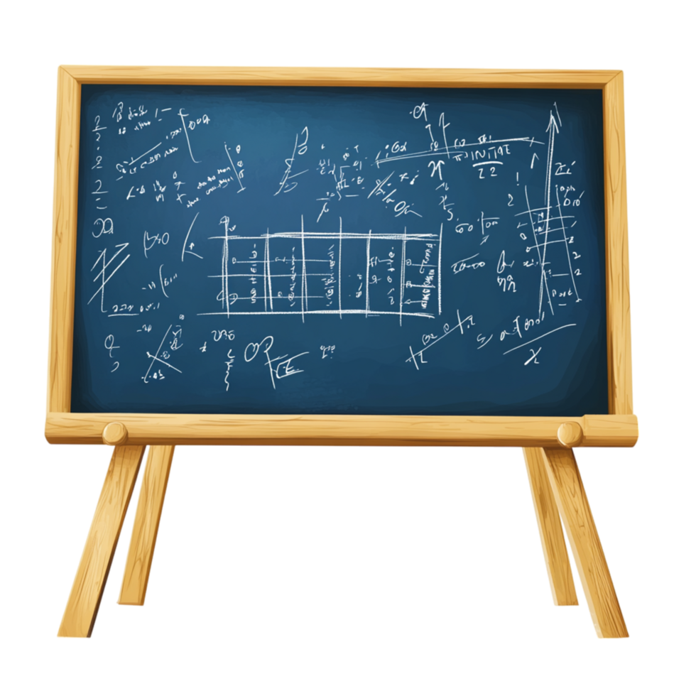 Wooden blackboard with complex mathematical equations written in white chalk used for teaching and problem-solving png