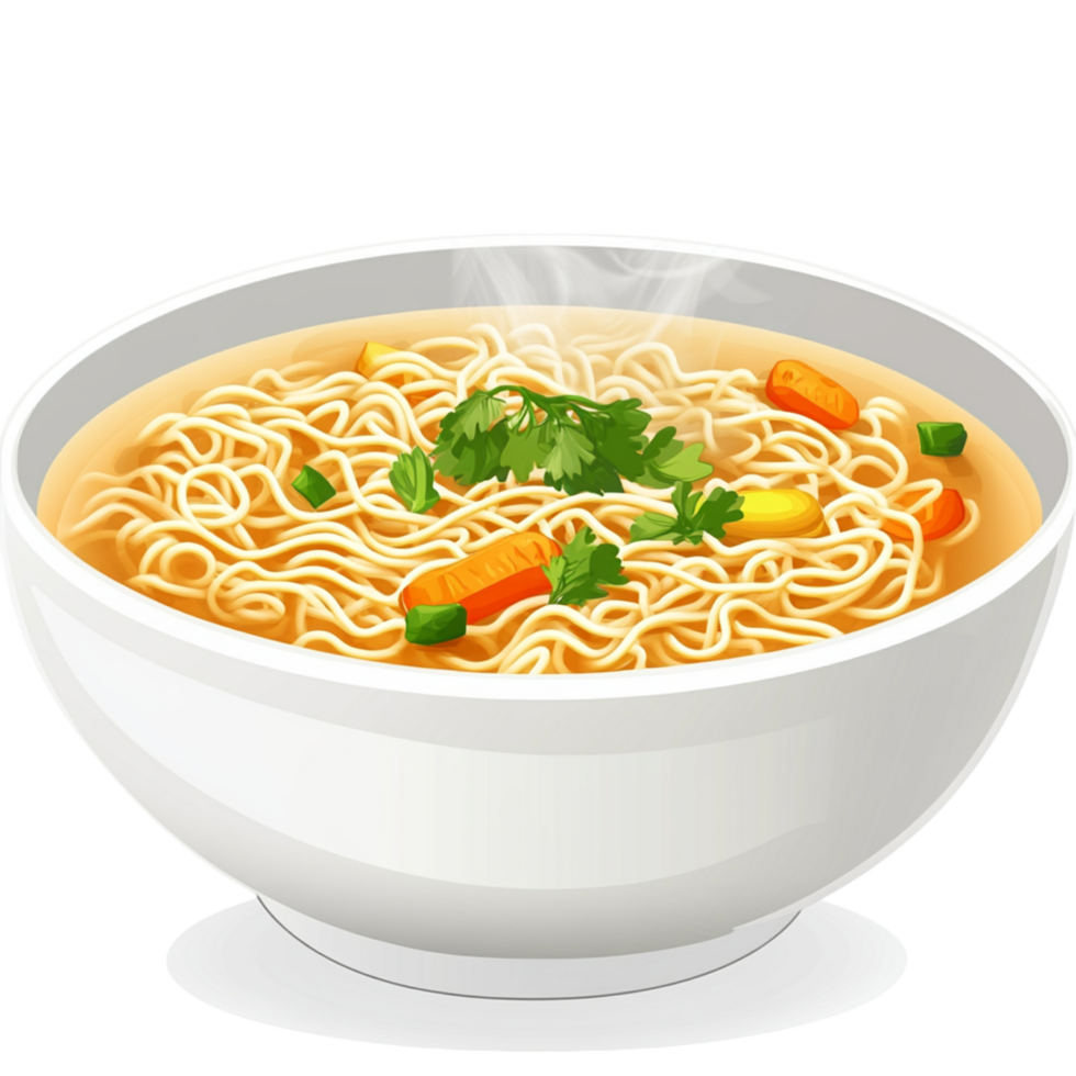 White bowl of steaming hot noodles is garnished with fresh green herbs and a light broth png