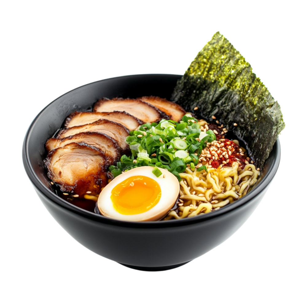 Black bowl filled with ramen contains sliced pork a boiled egg green onions and a sheet of seaweed png