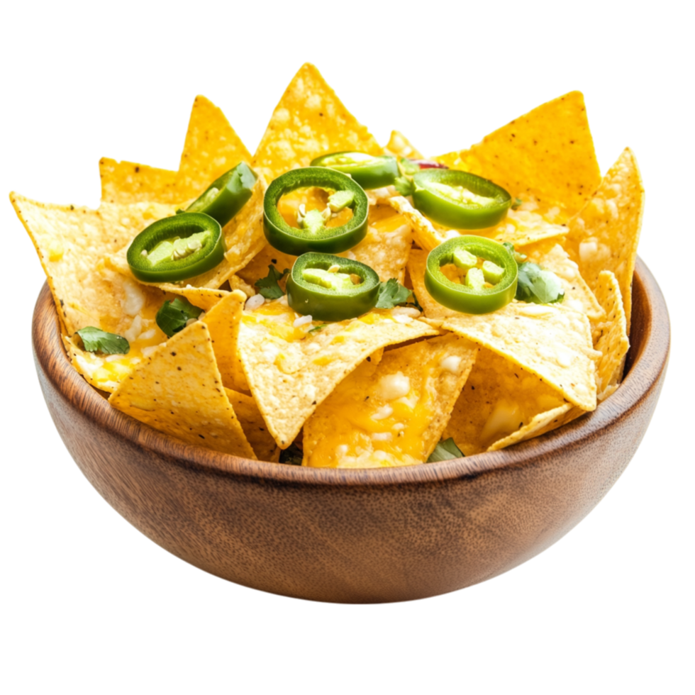 Wooden bowl contains crispy nachos topped with sliced jalapeno peppers and a drizzle of melted cheese png