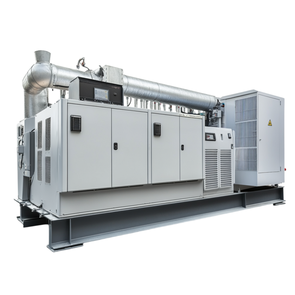 Large industrial generator with multiple compartments and vents providing reliable backup power in emergencies png