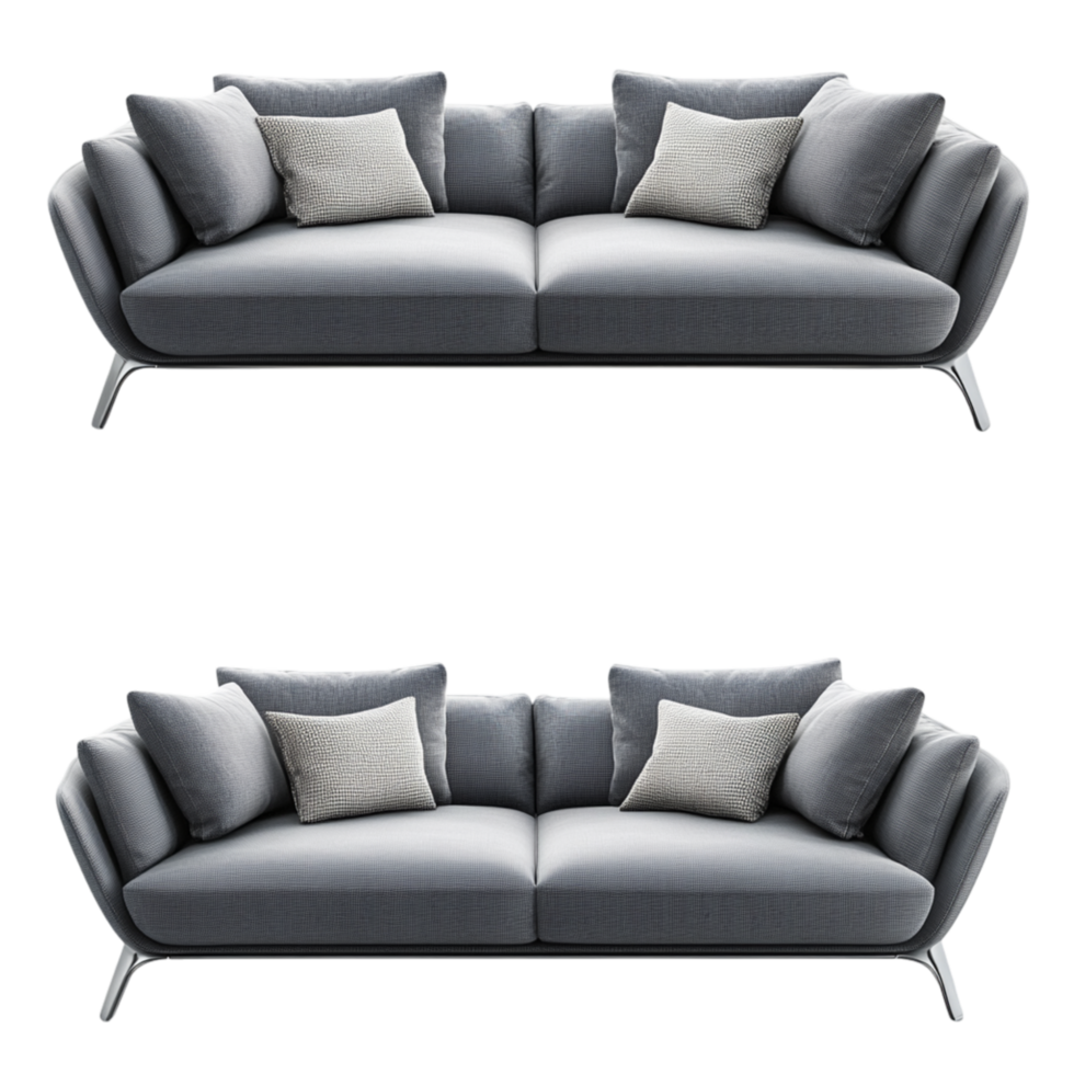 Two identical gray sofas with cushions sit side by side looking elegant and cozy png