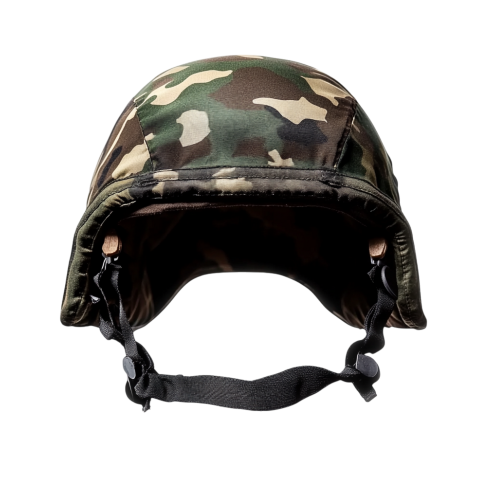 Military camouflage helmet with an adjustable chin strap designed for protection and durability in combat situations png