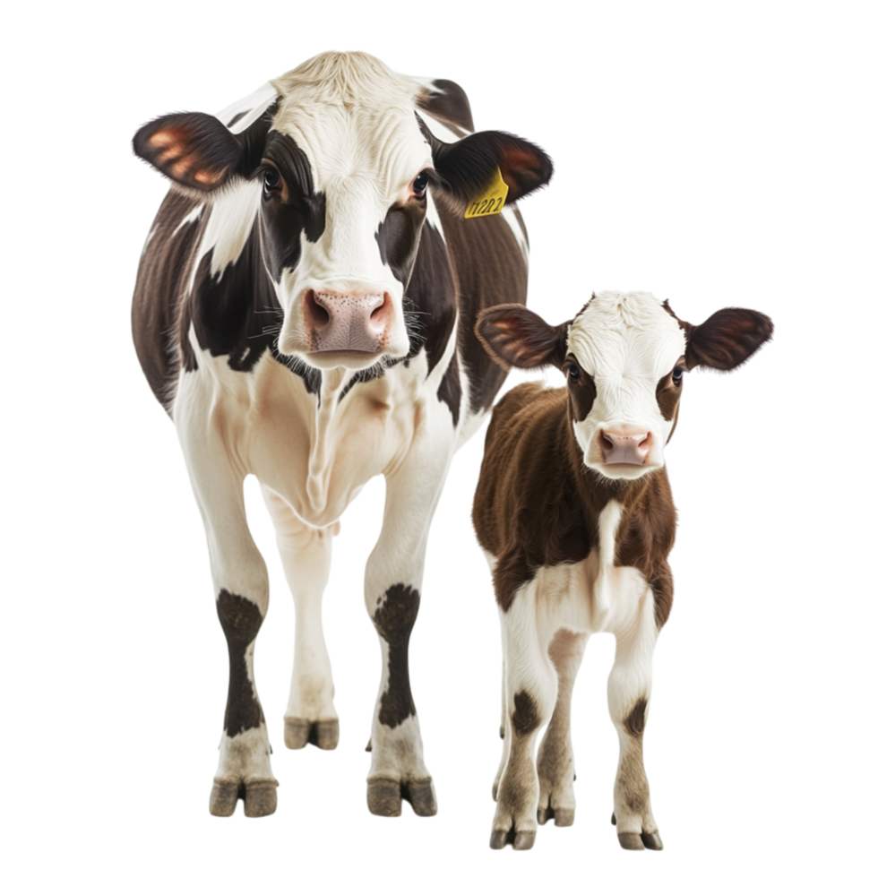 Mother cow and her calf stand side by side in a farm setting looking gentle and calm png