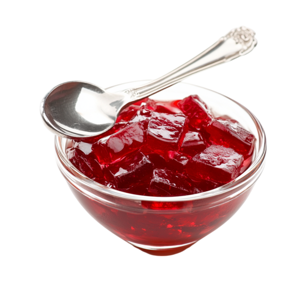 Glass bowl filled with red strawberry jam with a spoon placed inside showcasing its glossy and thick texture png