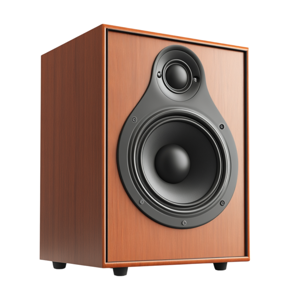 Wooden speaker with a black front panel delivering powerful and high-quality sound for an immersive audio experience png