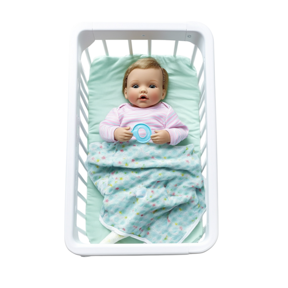 Tiny baby lies peacefully in a cozy crib wrapped in a soft blue blanket sleeping png