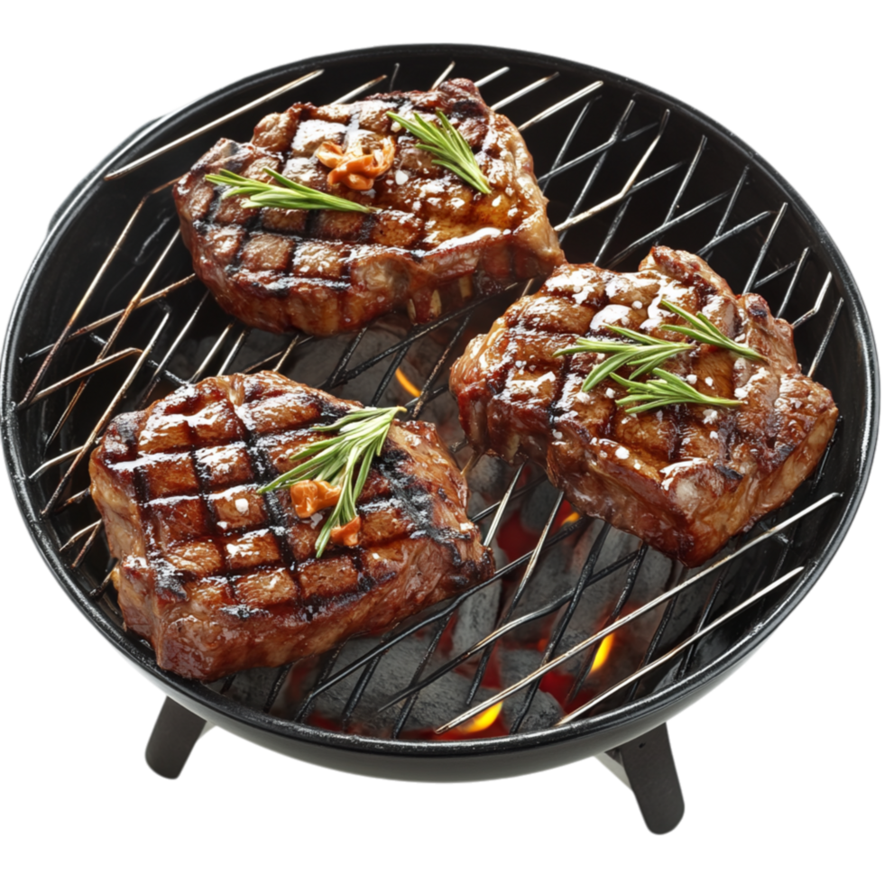 Juicy steaks grilling on an open flame with visible char marks enhancing their rich and smoky flavor png