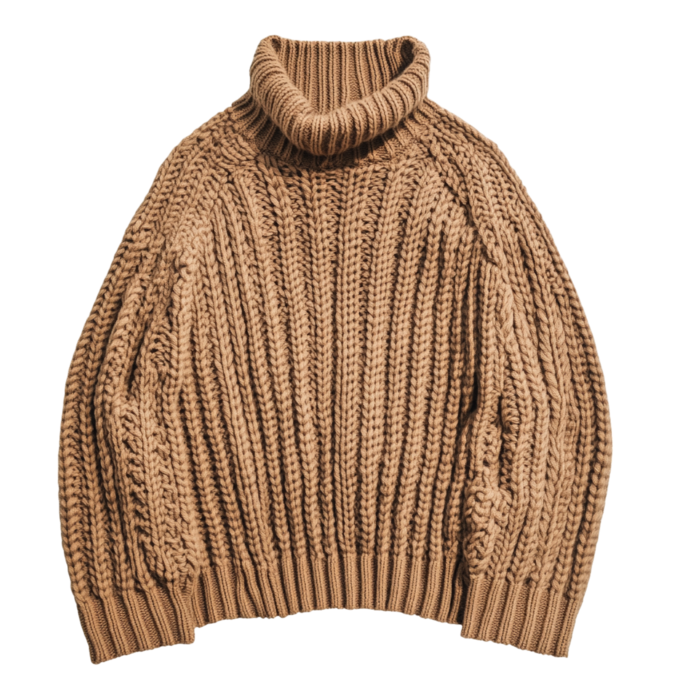 Cozy oversized brown knitted sweater with a thick turtleneck keeping the wearer warm and stylish in cold weather png