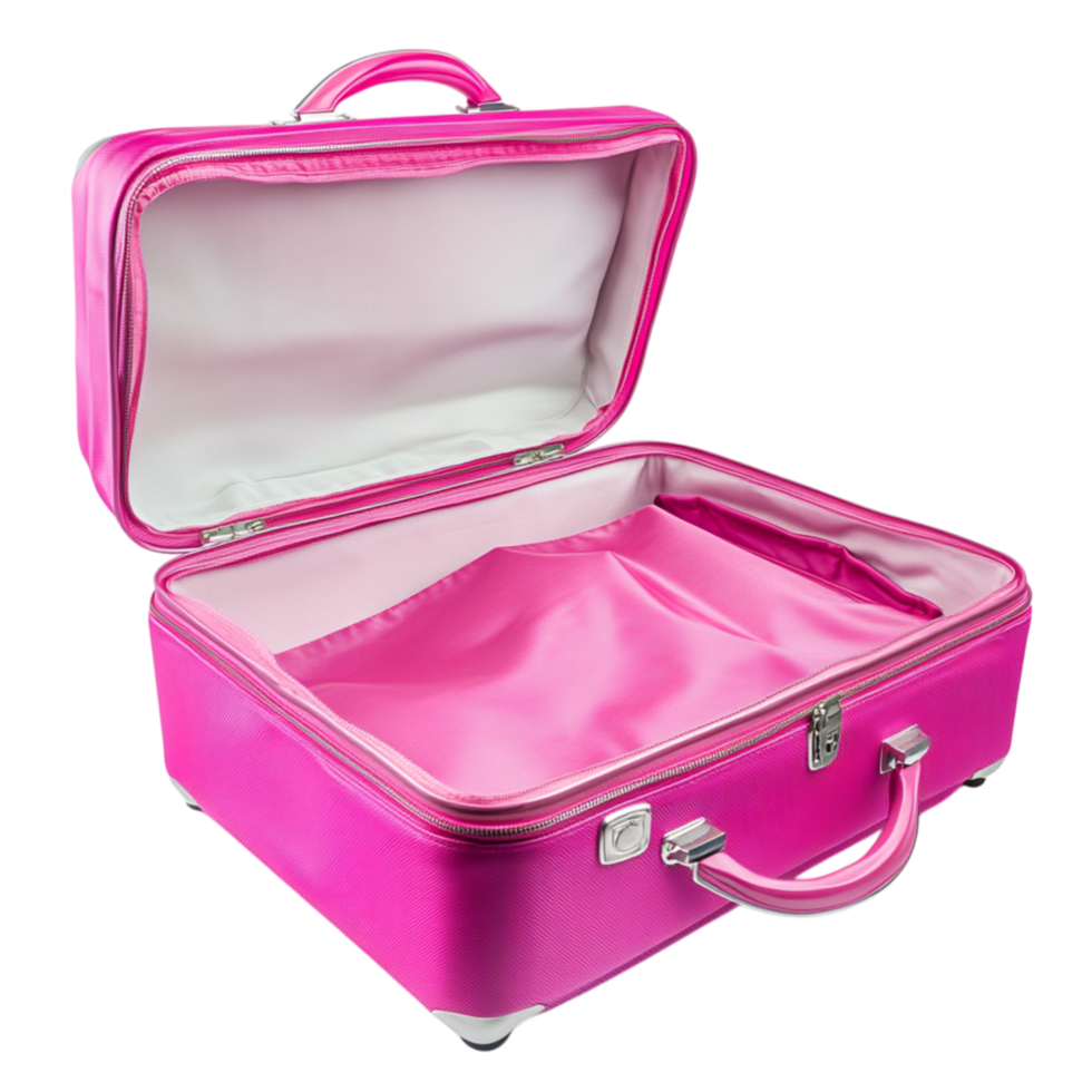 Vibrant pink travel makeup case with a glossy finish and a handle designed to store cosmetics and beauty essentials png