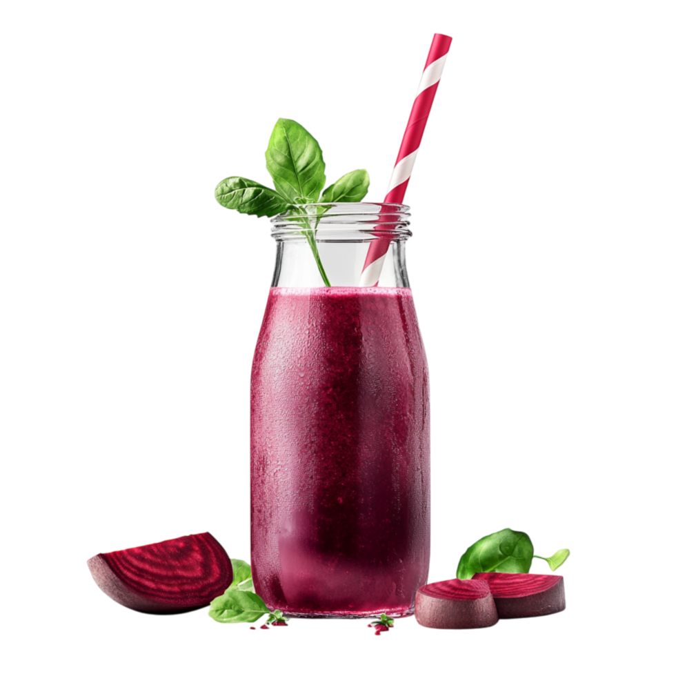 Glass jar filled with deep red beet juice sits with a striped straw and fresh green leaves png